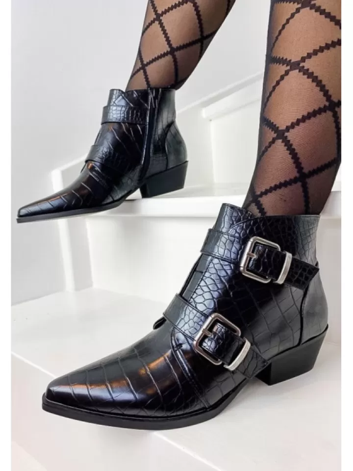 Online Vanessa Wu Bottines Es Effet Croco A Double Boucle- Noir