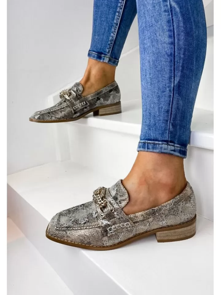 Fashion Vanessa Wu Mocassins Python Chaine Doree- Gris/Argent