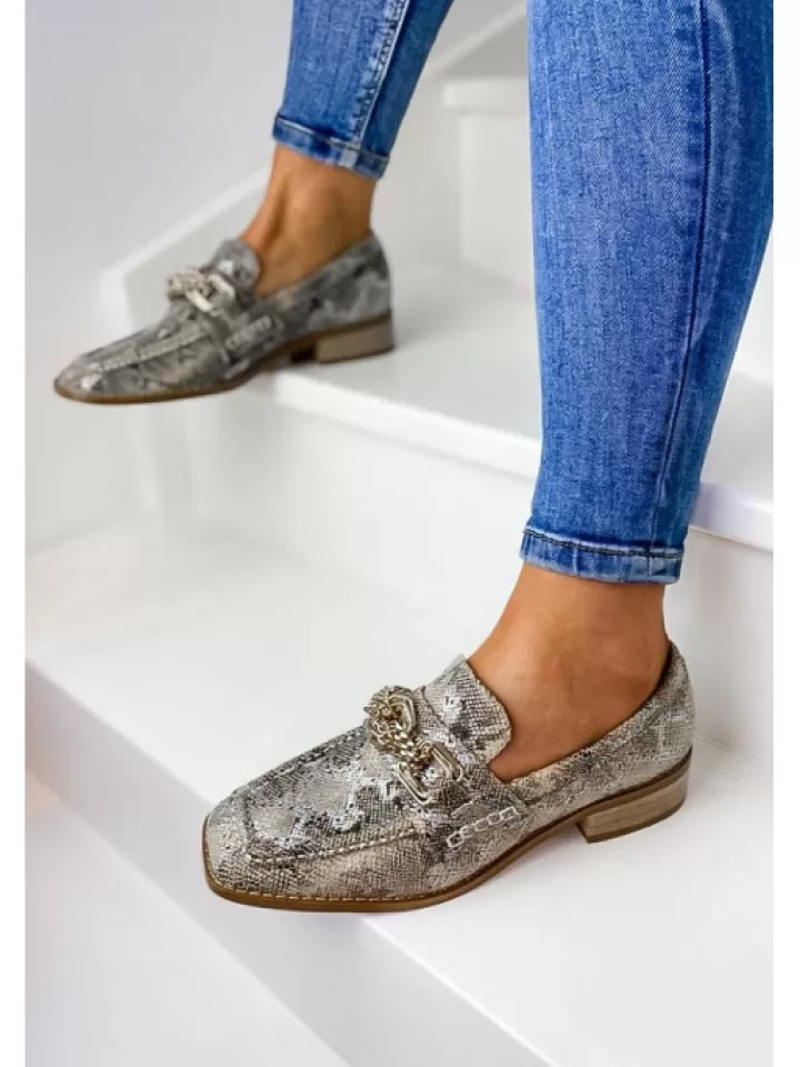 Fashion Vanessa Wu Mocassins Python Chaine Doree- Gris/Argent