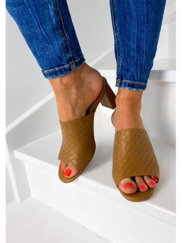 Clearance Vanessa Wu Mules A Talon Effet Tresse- Camel