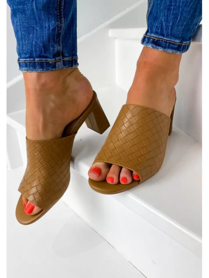 Clearance Vanessa Wu Mules A Talon Effet Tresse- Camel